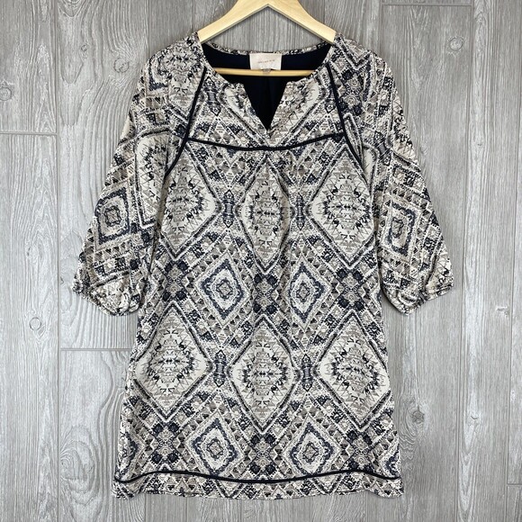 SKIES ARE BLUE Tan Blue Chiffon‎ Long Sleeve Mini Dress Womens Size Small - Picture 1 of 7